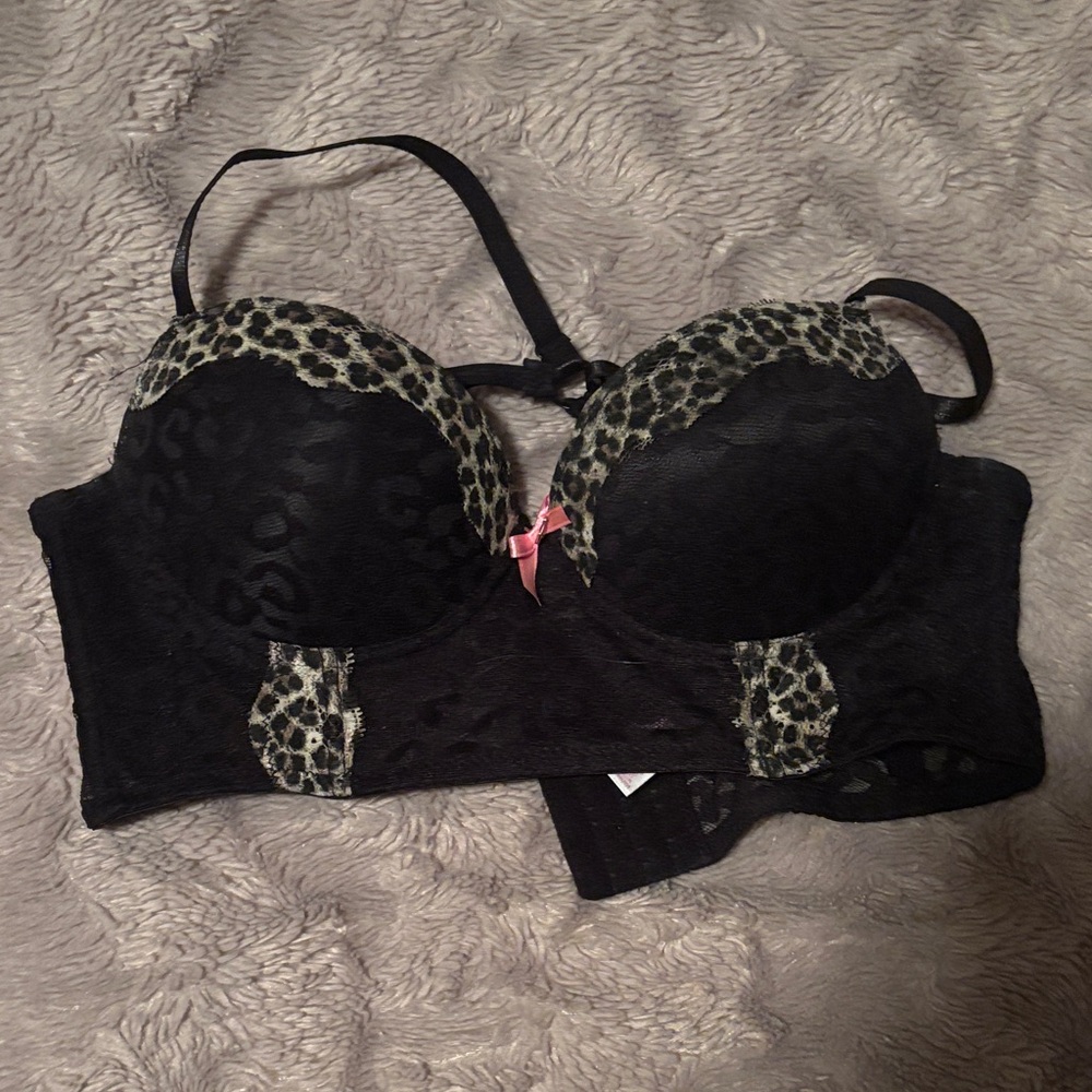 Leopard Print Black Lace Bra